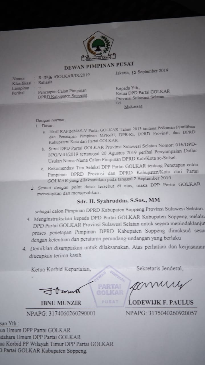 Partai Golkar Tetapkan Syahruddin M Adam Jadi Calon Ketua DPRD Soppeng